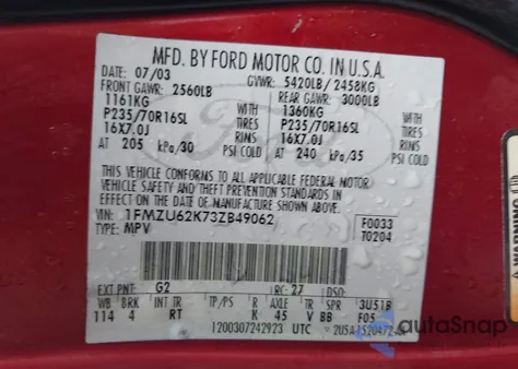 2003 Ford Explorer Xls from USA, damaged, VIN 1FMZU62K73ZB49062